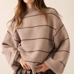Striped Bubble Knit Mock-Neck Sweater in Light Mocha